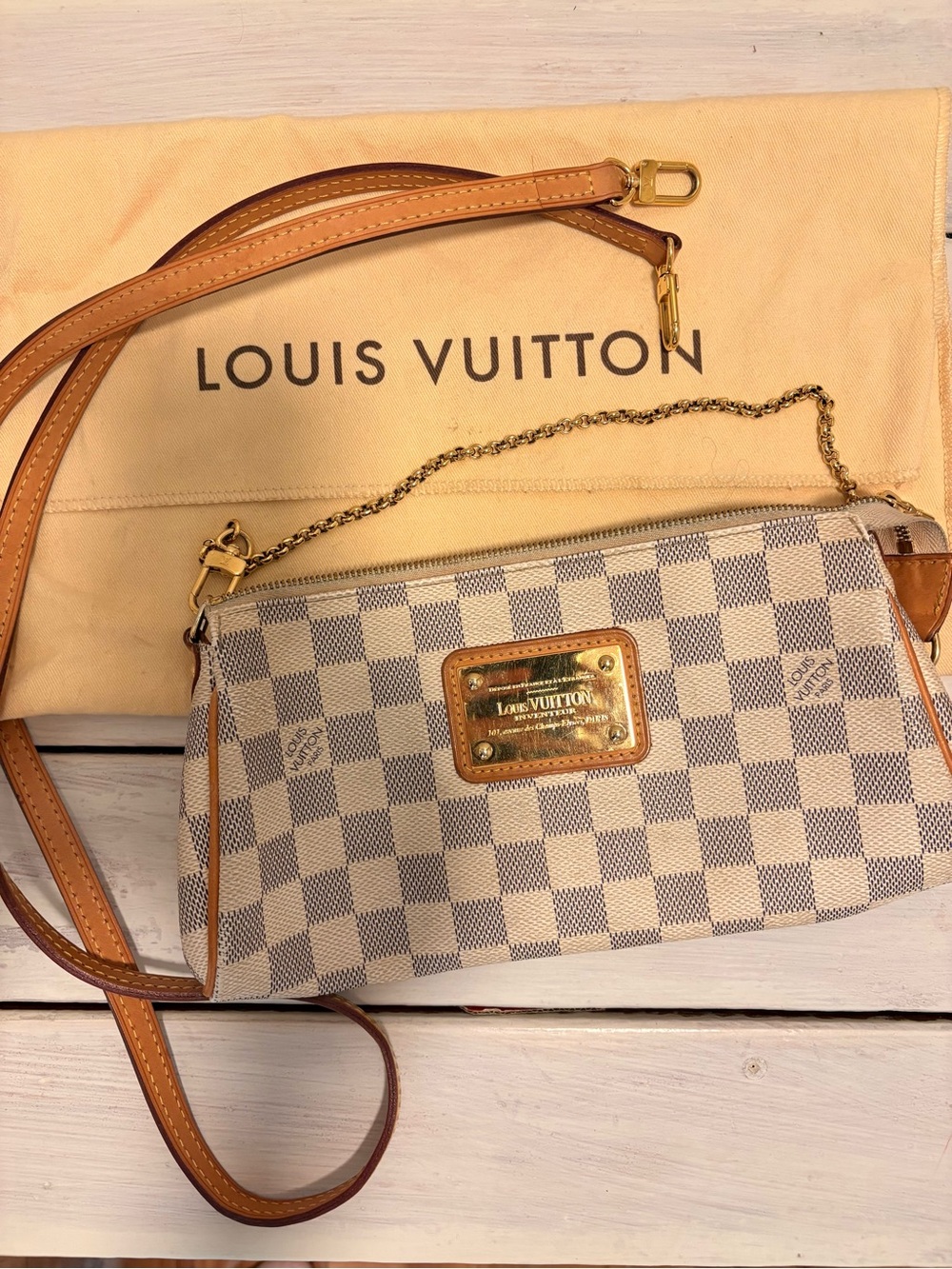 Louis Vuitton Damier Azur Crossbody in White and Tan with Gold Hardware